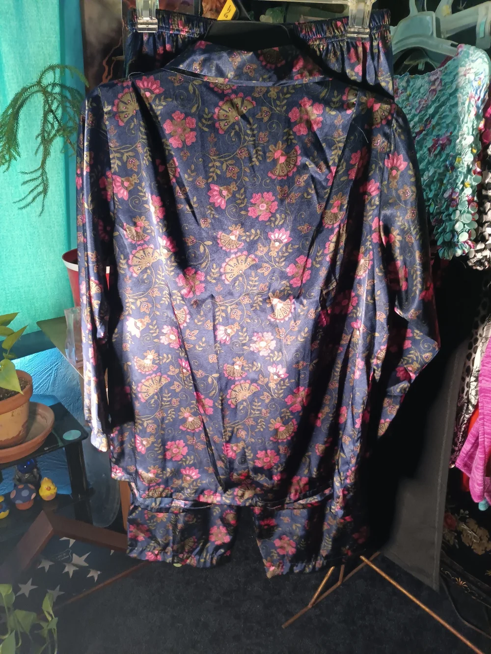 Floral Satin Pajama Set - Navy with Pink Accents 2 Piece Set